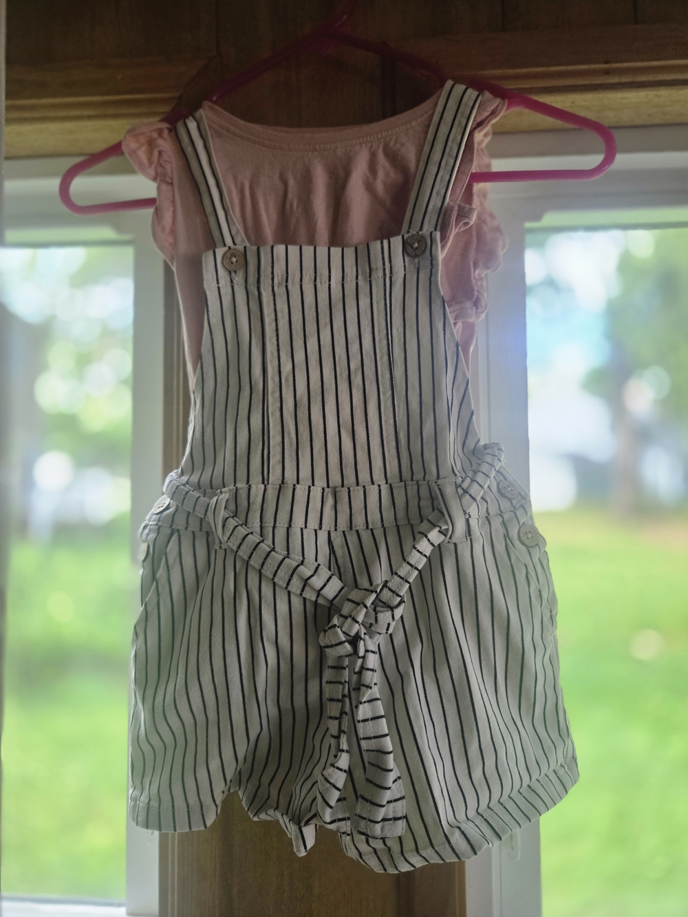Jessica Simpson Pink Tee with White & Black Striped Overalls Set